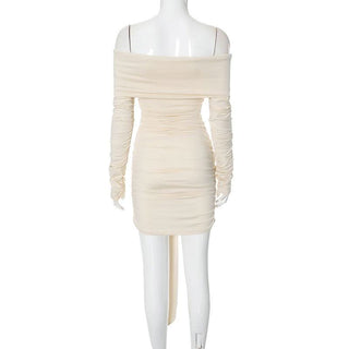 Long sleeve off shoulder ruched knotted mini dress