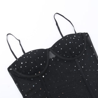 Sweetheart neck ruffle glitter backless stitch mesh cami top