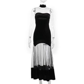 Ruched velvet mesh patchwork tube midi dress