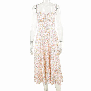 Drawstring ruched sweetheart neck flower print cami midi dress