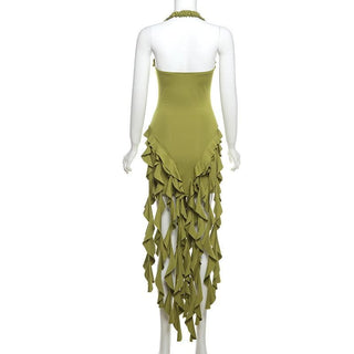 Halter ruffle sweetheart neck solid midi dress
