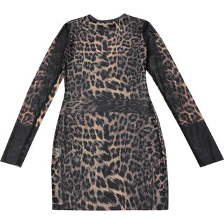 Crewneck long sleeve leopard print mesh mini dress