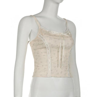 Lace hem bowknot ribbon print stitch cami top