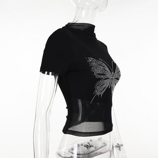 Short sleeve high neck butterfly beaded top