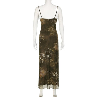 U neck print mesh cami maxi dress