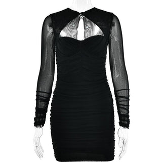 Hollow out ruched mesh long sleeve zip-up button cut out mini dress