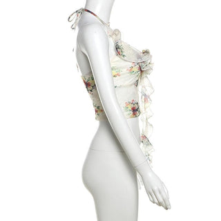 Halter ruffle u neck flower applique print top