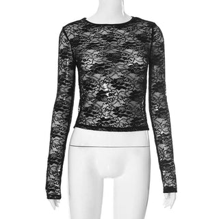 Long sleeve crewneck lace see through solid top