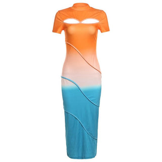 Short sleeve crewneck stitch contrast hollow out cut out midi dress