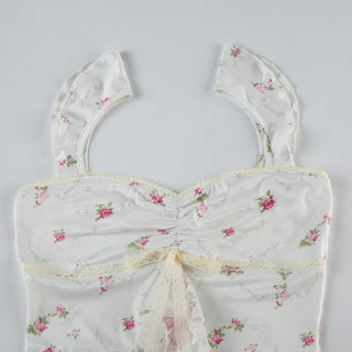 Lace hem bowknot ruched flower print cami top