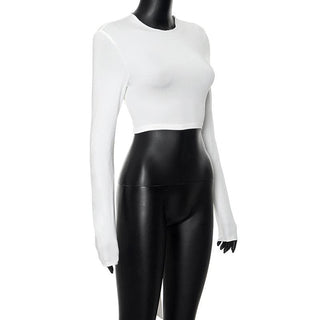 Self tie backless solid long sleeve crewneck top