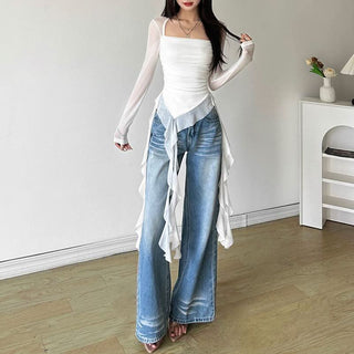 Long sleeve square neck irregular ruched mesh top