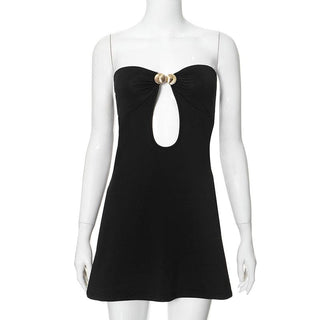 Metal applique hollow out solid tube cut out mini dress