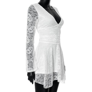 Lace v neck long sleeve self tie backless mini dress