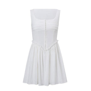 Button ruffle square neck ruched bustier tank mini dress-final-sale