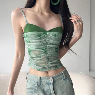 Mesh ruched patchwork print cami top