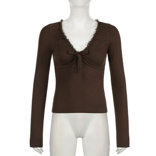 V neck long sleeve lace hem ruched bowknot top