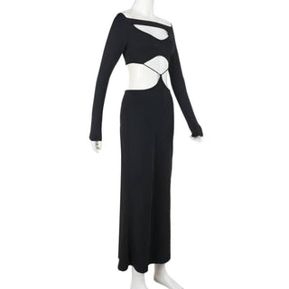 Long sleeve hollow out solid cut out maxi dress