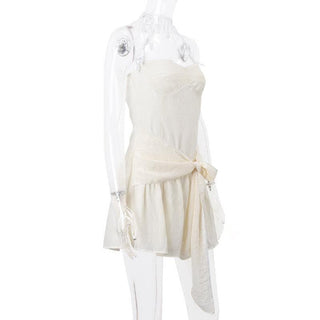 Halter sweetheart neck chiffon ruched bowknot zip-up mini dress