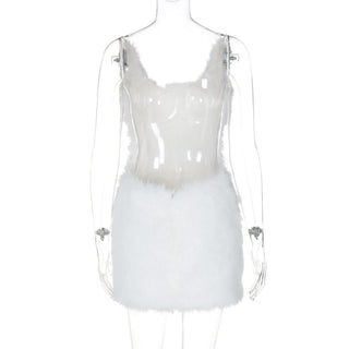 U neck fluffy zip-up backless cami mini dress