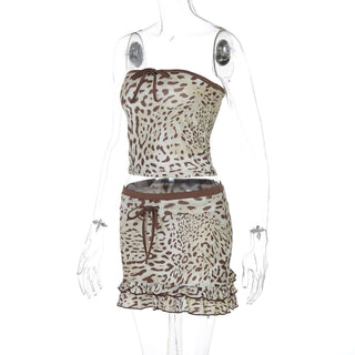 Leopard print bowknot ruffle tube mini skirt set