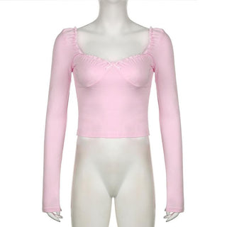 Long sleeve bowknot sweetheart neck ruffle top