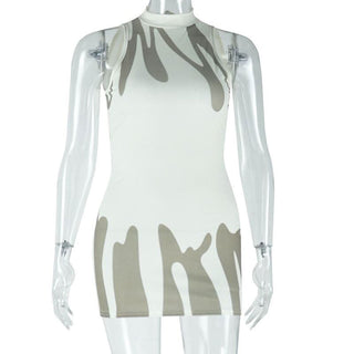 Ribbed self tie crewneck print backless mini dress