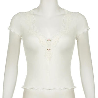 Short sleeve v neck ruffle lace hem ribbed top