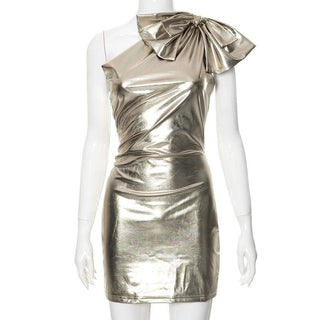 One shoulder bowknot metallic ruched mini dress