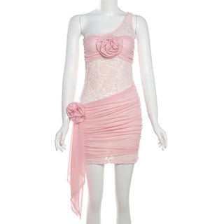 One shoulder lace mesh flower applique mini dress