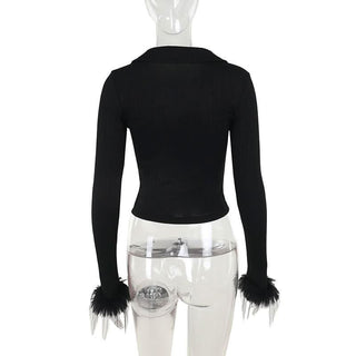 Turnover collar long sleeve fluffy button knitted top