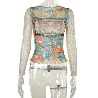 Long sleeve crewneck sheer mesh butterfly print top