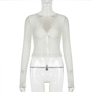 V neck long sleeve lace bowknot top