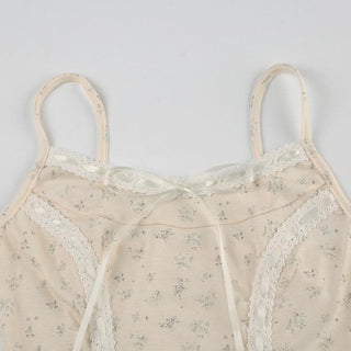 Lace hem bowknot ribbon print stitch cami top
