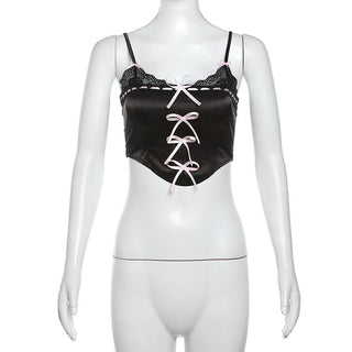 Satin bowknot ribbon lace hem zip-up cami top