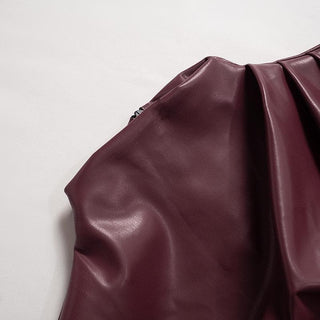 High neck zip-up PU leather irregular ruched top