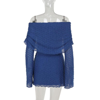 Long sleeve off shoulder knitted embroidery mini dress
