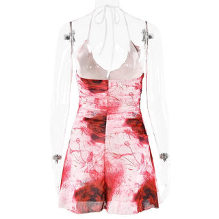 Halter ruffle rose print ruched backless cami mini dress