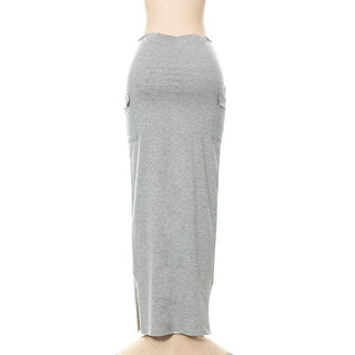 Ruched slit solid pocket high rise midi skirt