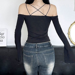 Off shoulder long sleeve self cross back button top