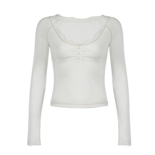 Long sleeve v neck lace hem button top