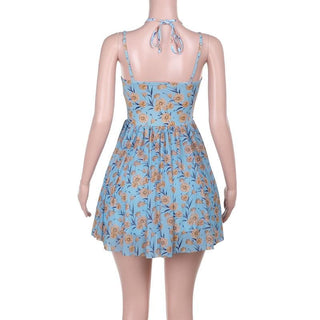 Halter sweetheart neck flower print mesh cami mini dress