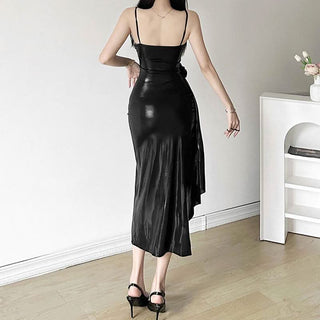 PU leather slit flower applique cami midi dress