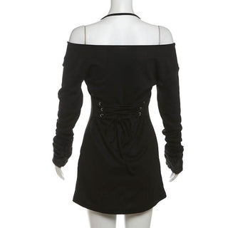 Halter long sleeve off shoulder fluffy mini dress