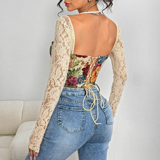 Long sleeve sweetheart neck bustier lace flower print top