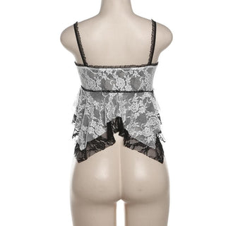 Lace patchwork flower applique ruffle cami top