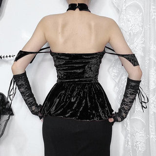 Halter velvet cross applique lace up top