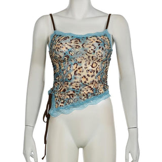 Lace leopard print irregular knotted cami top