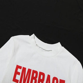 Crewneck short sleeve "EMBRACE" pattern crop top