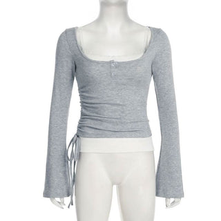 U neck long sleeve lace hem drawstring 2 piece top